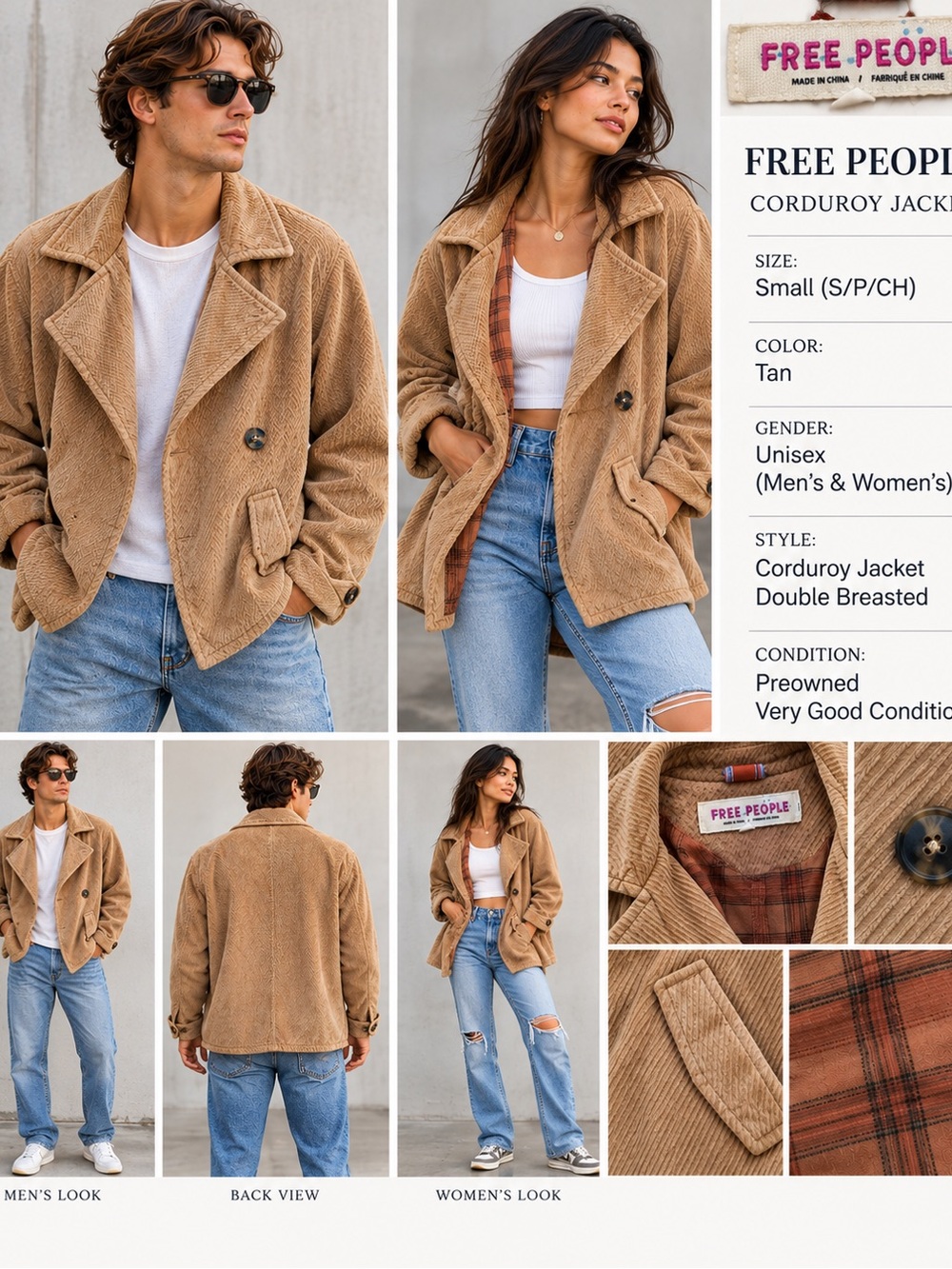 Free People Tan Corduroy Double-Breasted Teddy Jacket
